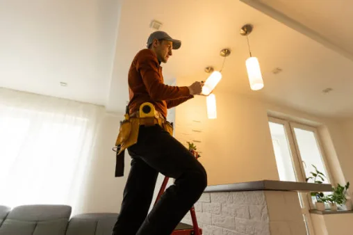 Electrician installing recessed and pendant lighting