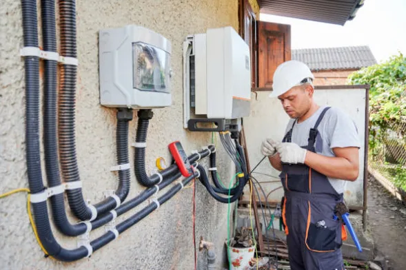 Electrician installing a wall-mounted EV charger circuit